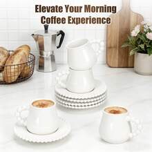 6-Piece Ceramic Espresso Coffee Cup Set With Saucers & Spoons – 3.3oz/100ml Mugs For Cappuccino, Latte, Mocha & Tea | Coffee Bar Essentials & Home Decor | Christmas Gifts - White - View 6