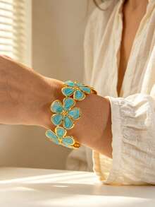 VceTd 1 Set Gentle Style Enamel Floral Design Stainless Steel Women's Jewelry Set Suitable For Vacation Wear - Yellow Gold - View 4