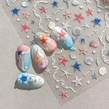Shell Pearl Starfish Shell Nail Stickers, Minimalist Sparkling Cute Starfish Decorative Stickers, Ocean Series Colorful Shell Conch Nail Stickers, Premium Shell Pearl Starfish 3D Embossed Nail Stickers - Ocean - View 11