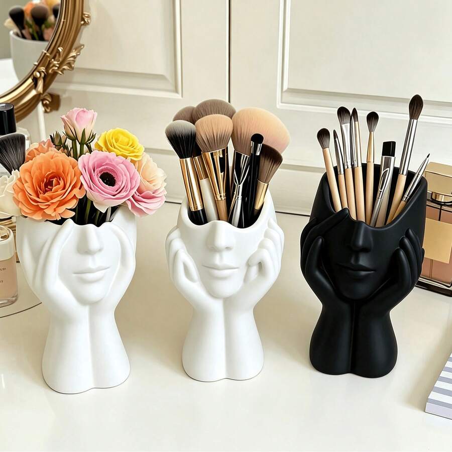 1pc High-End Creative Human Body Art Makeup Brush Holder, Decorative Desktop Pen Holder, Multi-Functional Makeup Tool Storage Box, Large Capacity Beauty Storage Container For Vanity And Bathroom - Face-shaped Storage Box - View 1