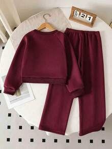 Tween Girl Letter Print Crew Neck Sweatshirt And Bow Decor Long Pants - Burgundy - View 2