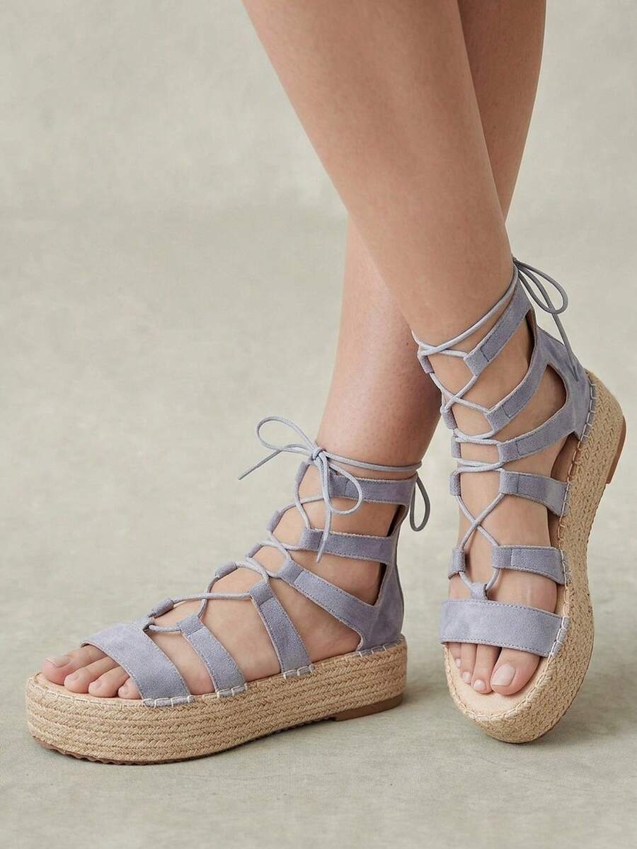 Styleloop Ladies Bohemian Vacation Flannel Lace-Up Hemp Rope Platform Sandals - Gray blue - View 1
