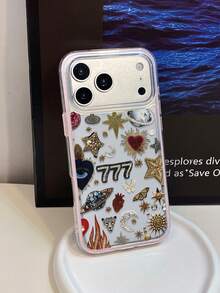 1pc Pink Frame Transparent Minimalist Lens Protection Anti-Drop Anti-Collision Pearl Embroidery 777 Star Moon Pattern Phone Case Personalized Compatible With IPhone 16 Pro Max 17/16/15/14/13/12/11 Air And Series - Multicolor - View 3
