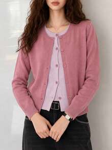 Jaket Sweater Rajut 2 In 1 Minimalis Kasual Musim Gugur/Dingin Wanita, Warna Pink - Berwarna merah muda - View 3