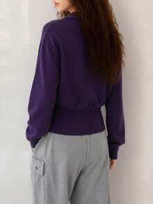 Sweater Rajut Cardigan Leher V Minimalis Elegan untuk Wanita Musim Gugur/Dingin - Purple - View 2