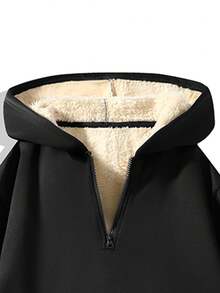 Men's Solid Half Zip Hoodie, Fleece Lined Pullover Hooded Sweatshirt For Fall Winter Daily Wear - Black - View 6