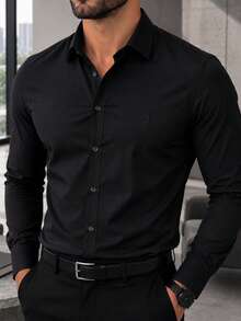 Men's Long Sleeve Spandex Dress Shirt - 黑色 - 查看 1