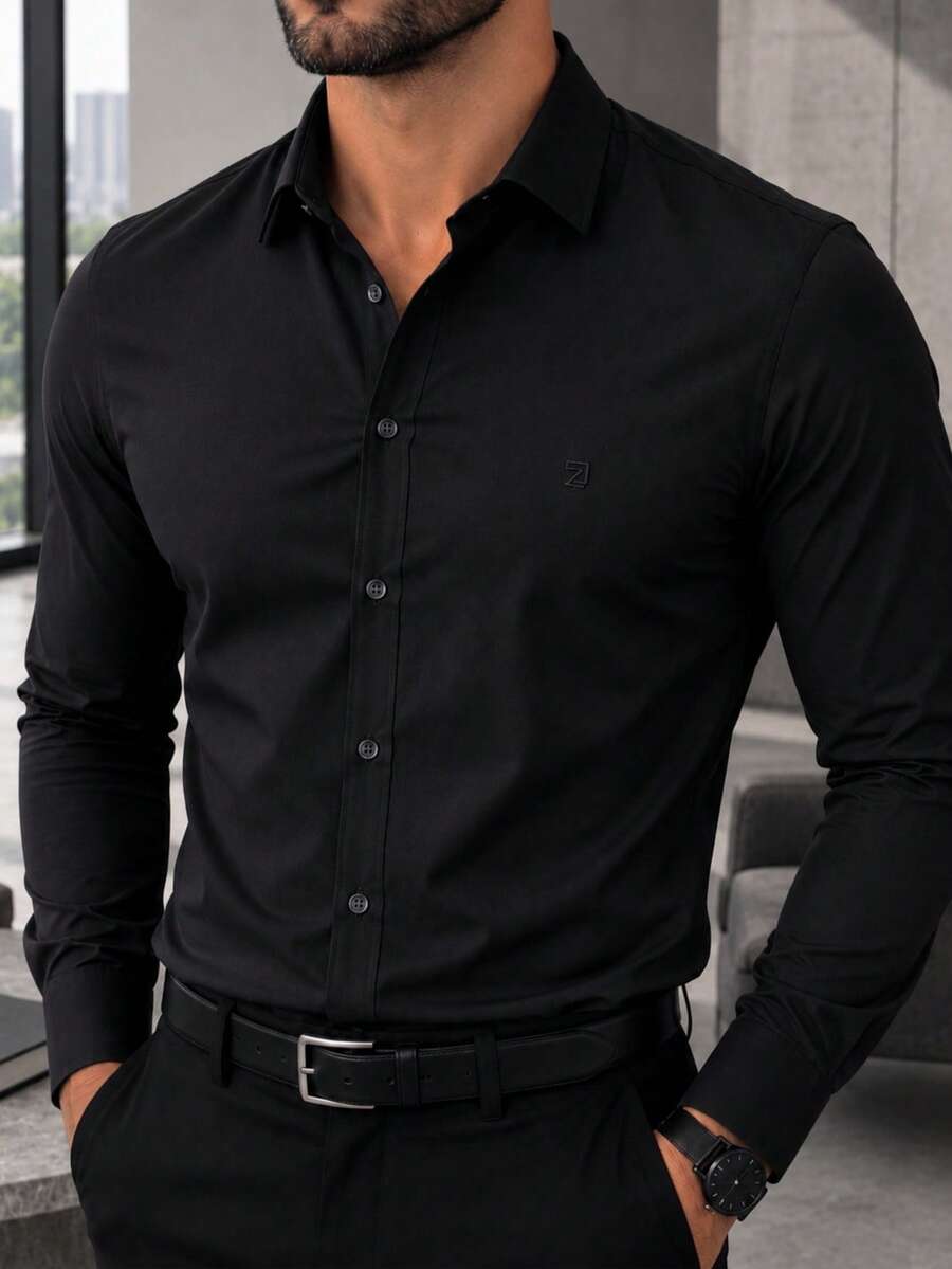 Men's Long Sleeve Spandex Dress Shirt - 黑色 - 查看 1