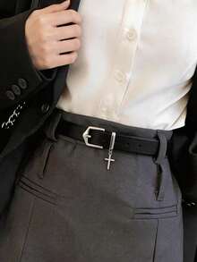 1pc Unisex Cross Pendant Casual PU Leather Belt, Suitable For Daily Wear In All Seasons - Black - View 2