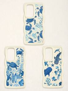 3 Pcs Wavy White Edge Ocean Sea Turtle Print Phone Case, Blue Tone Underwater Creature Illustration Soft Shell, Thickened Wavy Frame Full Coverage Anti-Drop TPU Phone Cover, Ins Vacation Style Niche Fresh Digital Accessory; Suitable For Valentine's Day, Easter, Mother's Day, Father's Day, Independence Day, Halloween, Thanksgiving, Christmas, New Year, Birthday, Back To School Gifts, Compatible With IPhone 17/17 Pro - Multicolor - View 18