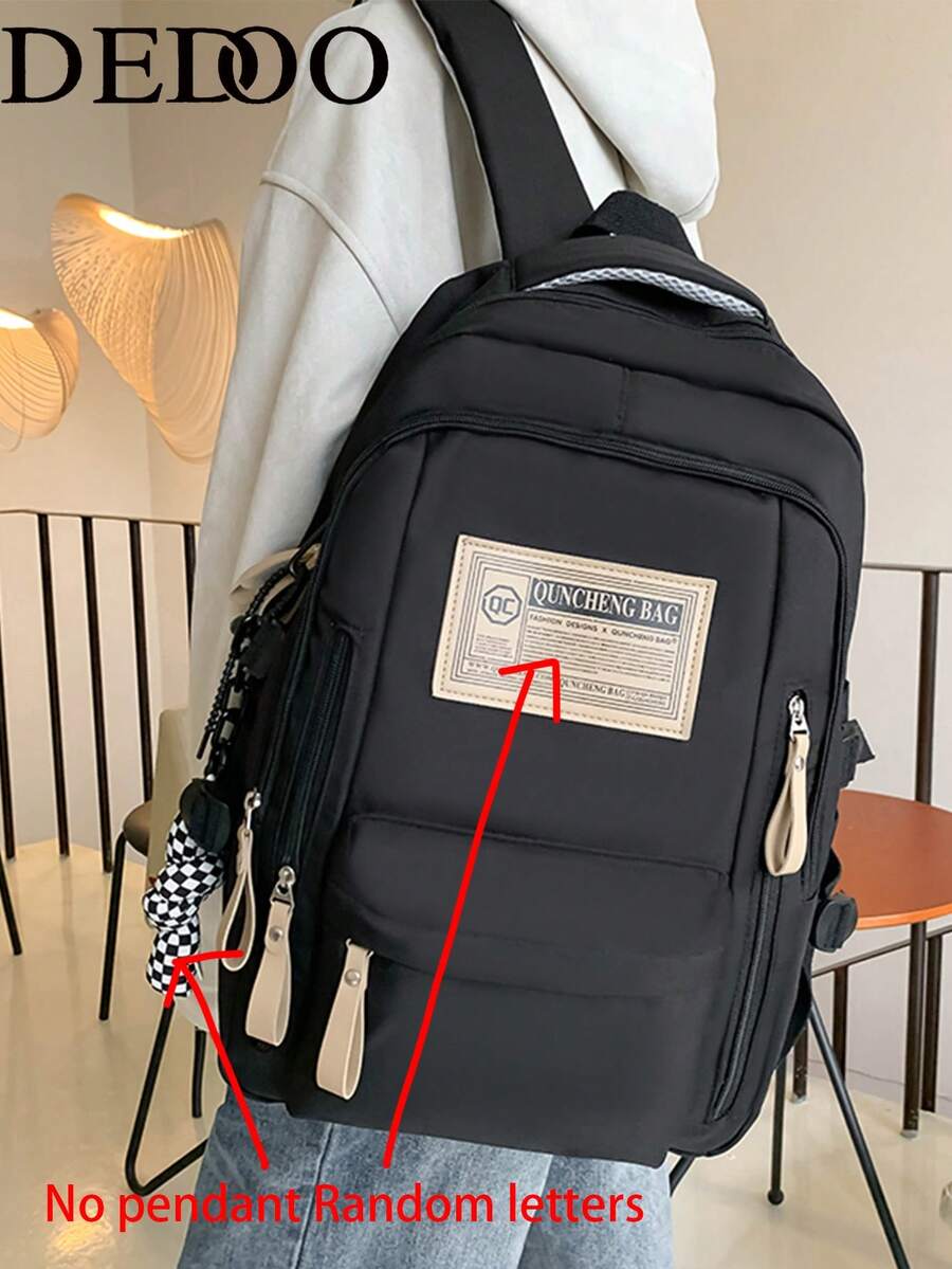 Dedoo Backpack Random Letter Label Print Large Capacity Vintage College Style Student Campus Daily Large Capacity,School Bookbag,College University Campus - Black - View 1