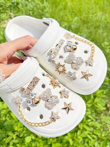 14pcs Gold Small Chain Accessories, Bear, Five-Pointed Star DIY Shoe Decor, Suitable For Perforated Sandals, Elegant And Fashionable, Gift For Girlfriend - Gold - View 6