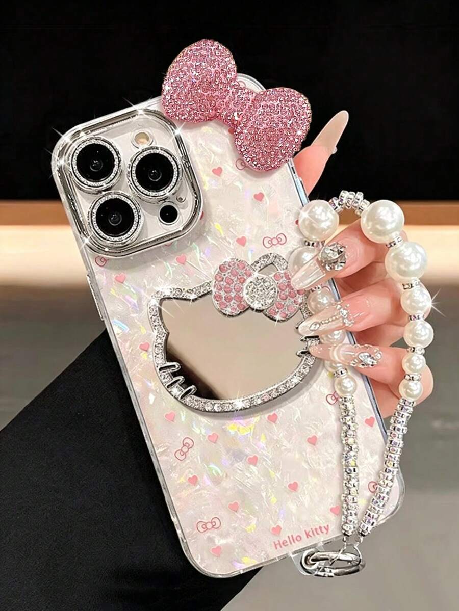 1 buah Casing Ponsel Hello Kitty Cermin Hati Pita Berlian Imitasi 3D - Tekstur Cangkang Hello Kitty Hati, Casing Ponsel Hello Kitty Sanrio Kreatif Modis untuk Anak Perempuan, Bahan Tahan Air, Anti Jatuh, dan Tahan Guncangan, Hati yang Berubah Warna dengan Laser, Kepala Hello Kitty Berlian Imitasi 3D, Pita Berlian Imitasi, Anime, Mewah, Berkilau, Hello Kitty Modis yang Lucu, Kompatibel dengan Apple Seri 17, 11/12/12 Pro, 13/14/15, 13 Pro/14 Pro/15 Pro, Anti Jatuh 12 Pro Max/13 Pro Max/14 Pro Max/15 Pro Max, 16, 16 Pro, 16 - Berwarna merah muda - View 1