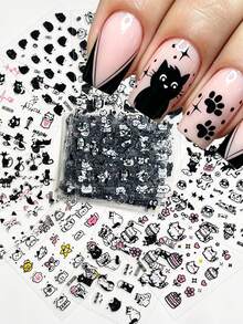 30pcs 3D Black Cat Cartoon Nail Stickers Set Multiple Expressions Line Kitten Flower Cake Self Adhesive Nail Decals Kawaii Graffiti Manicure Sliders - Multicolor - View 7