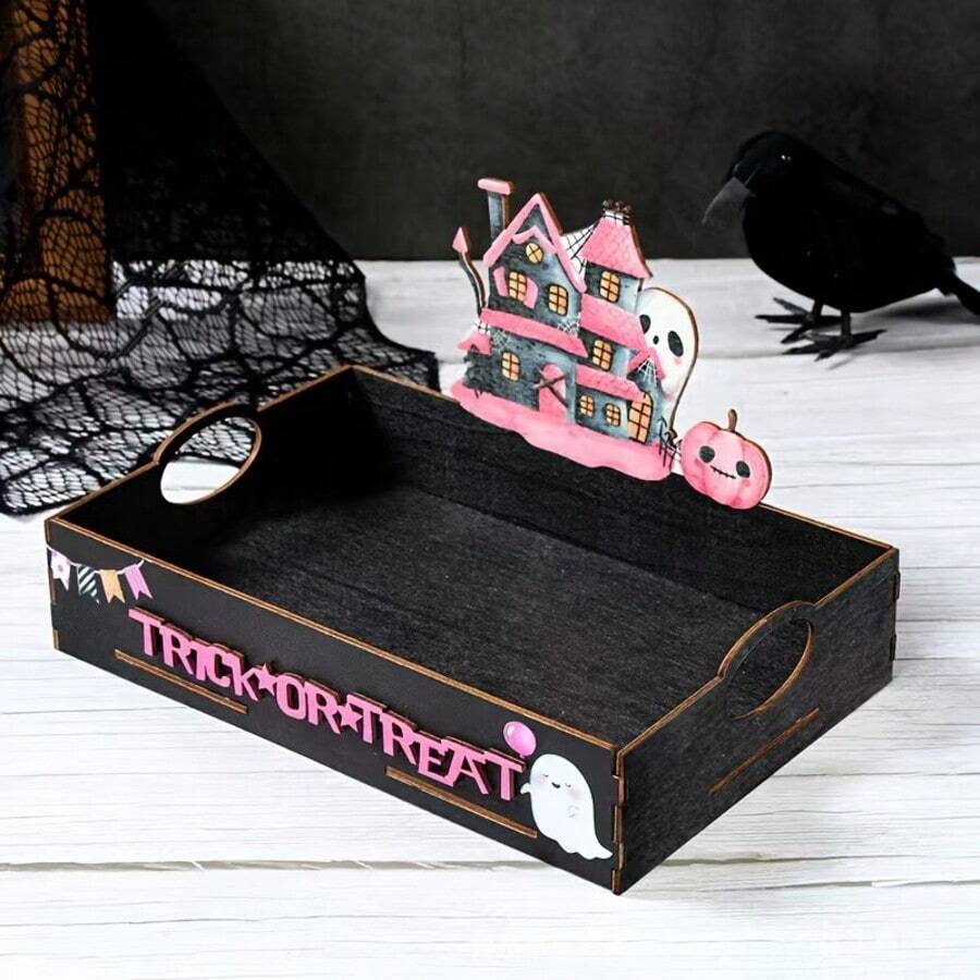 Halloween Haunted House Ghost Wooden Candy Storage Box Trick Or Treat Tray Decor Holiday Atmosphere Ornament Storage Box - Multicolor - View 1