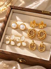 5 Pairs Gold Metal Earrings Set, Including Interlocking Circles, Twisted Knots, Round Faux Pearls, 3D Flowers And Enamel Flower Studs, Elegant Daily Commute Jewelry For Women, Perfect Gift - Gold - View 2