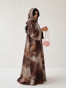 Set 2 pcs Hijab + Abaya Terbuka, Dubai Islami Muslim Motif Abstrak Gradien Depan Terbuka Lengan Panjang Longgar Gaya Kimono Konservatif, Pakaian Sehari-hari Muslim Islami Hijab Warna Senada untuk Wanita - MultiWarna - View 7