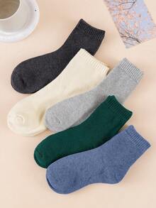 5 Pairs Women's Light Color Thickened Thermal Lined Terry Mid-Calf Socks, Cold-Resistant Warm Solid Color Socks For Winter, Suitable For Home And Postpartum - Multicolor - View 2