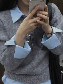 Autumn/Winter Sweater Design Layered 2 In 1 Long Sleeve Knit Sweater - Flower Grey - View 9
