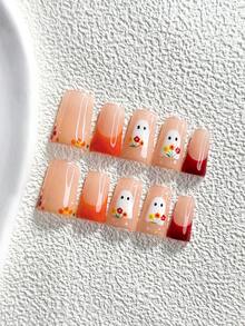 萬聖節主題 10 片裝靈感風格手工穿戴甲 Polygel 凝膠美甲套組，幽靈、橘色指甲油，可愛俏皮風，含美甲工具，3 種尺寸可選，杏仁甲、鴨嘴甲、棺材甲，適合派對、舞會、日常配戴 - 彩色 - 查看 12