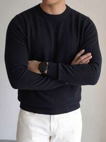 Men's Solid Color Crew Neck Knit Undershirt, Featuring Ribbed Cuffs And Hem Design, Long Sleeve Suitable For Office Layering And Daily Wear - Black - View 3