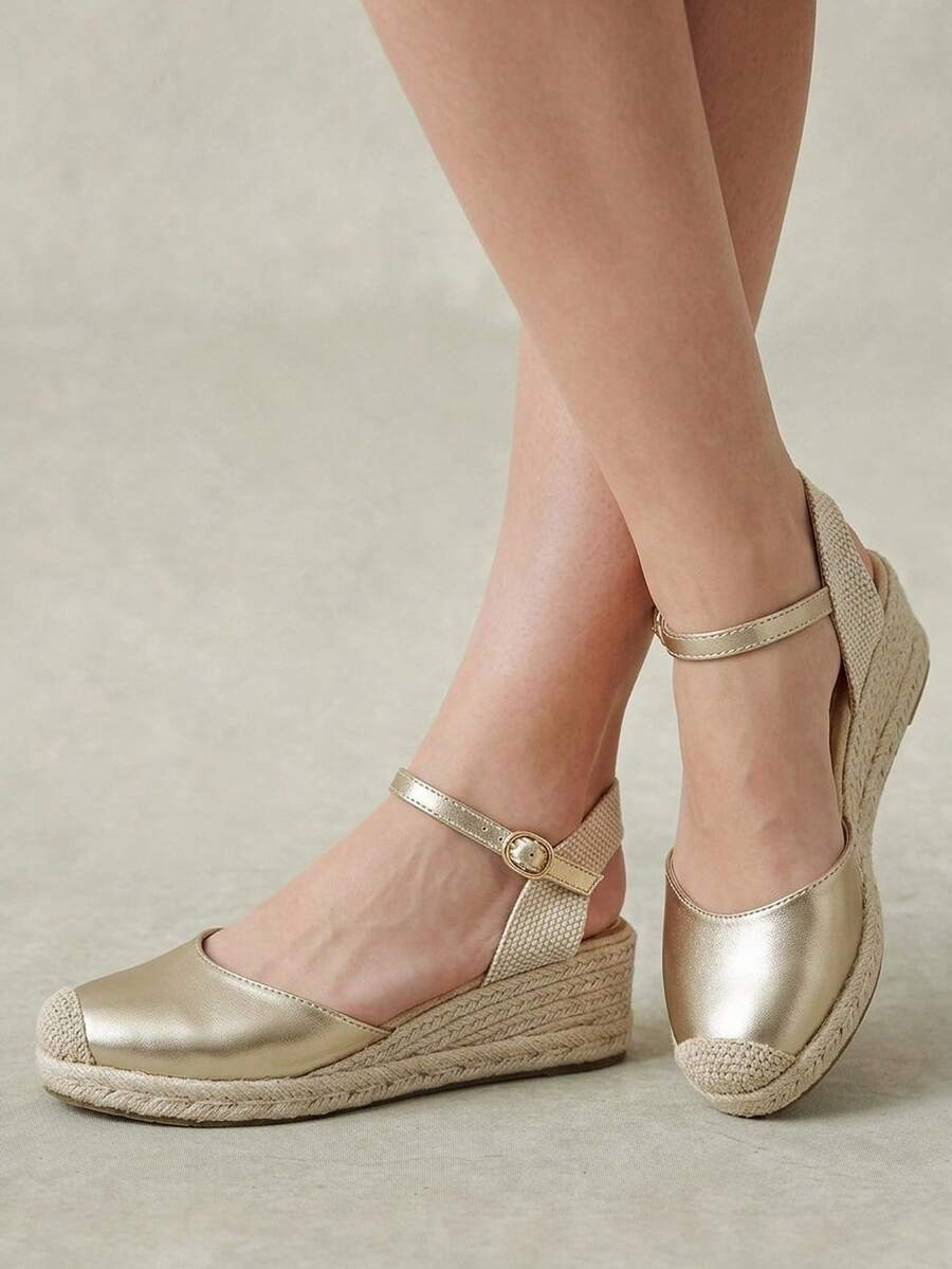 Styleloop Women's Wedge Heel Platform Shoes, Hemp Rope Weaving, American Retro, Bohemian Style, Holiday Season Wear, Travel Essentials, Summer Wear, Holiday Atmosphere - Gold - View 1