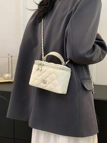 BEIKAMU 1pc Niche Design Rhombus Pattern Handheld Box Bag, New Season Lipstick Coin Purse, Elegant Chic Chain Shoulder Crossbody Bag - White - View 8