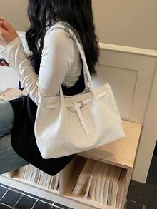 女款時尚百搭通勤單肩包，春夏新款大容量托特包，適合學生，編織購物包 - 白色 - 查看 8