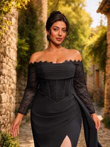 VIPGIRL Elegant Plus Size Black Long Evening Gown With Lace Shoulder Sleeves And Open Back Design, Perfect For Formal Occasions And Balls - Black - View 3