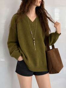 Women's Autumn/Winter Casual Elegant Minimalist Slouchy Pullover Sweater Fall - Algae Green - View 1