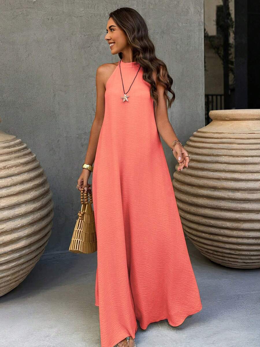 Vestido Naranja sin Espalda Línea A Primavera/Verano, Estilo Bohemio, Elegante para Vacaciones en la Playa & Uso Diario - Naranja - Ver 1