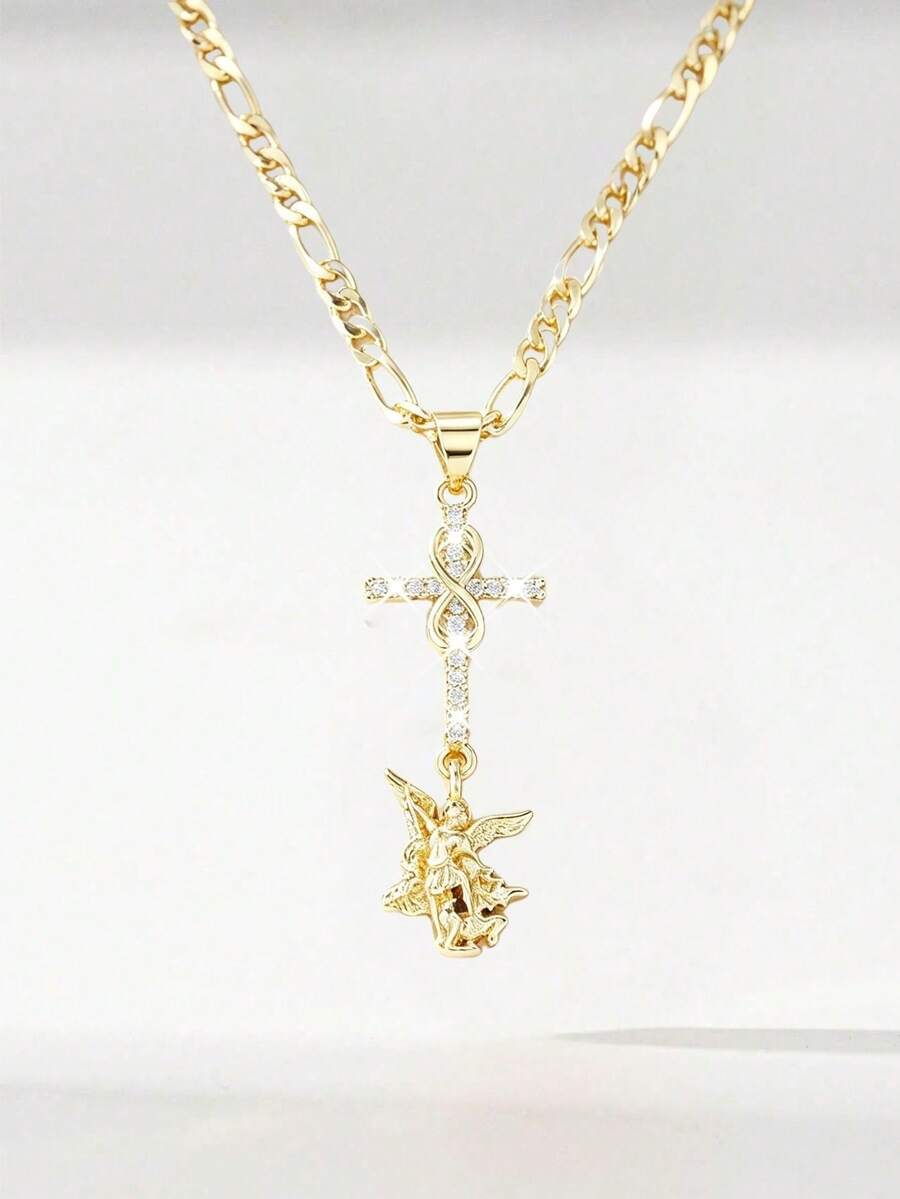 1pc Catholic Vintage Double Pendant Necklace, Unisex Design. Featuring A Sparkling Zirconia-Inlaid Cross And Infinity Symbol Combination, Symbolizing Eternal Faith, Paired With St. Michael Archangel Pendant. Equipped With A 50cm Classic Figaro Chain, Comfortable And Versatile. Symbolizing Protection And Devotion, Ideal Gift For First Communion And Catholic Baptism. - Yellow Gold - View 1