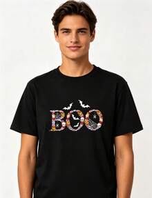 Autumn Tops, BOO Spooky Bat Pumpkin Halloween T-Shirt, Unisex Embroidery Pattern Organic Cotton Short Sleeve Top - 黑色 - 查看 4