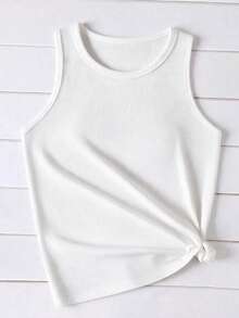 Plus Size Women's Casual Solid Color Short Sleeve T-Shirt, Round Neck Slim Fit Knit Casual Sports Tank Top, Suitable For Summer Formal Occasions, Office, Concerts - White - View 9