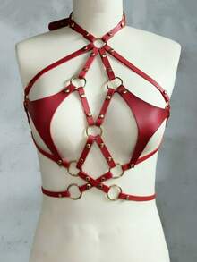 1pc Women's Punk Style Red Sexy V-Shape Double Triangle Bondage Bustier Corset Halter Neck Collar Leather Harness Suitable For Carnival Party Or Bar Performance Costume - Red - View 4