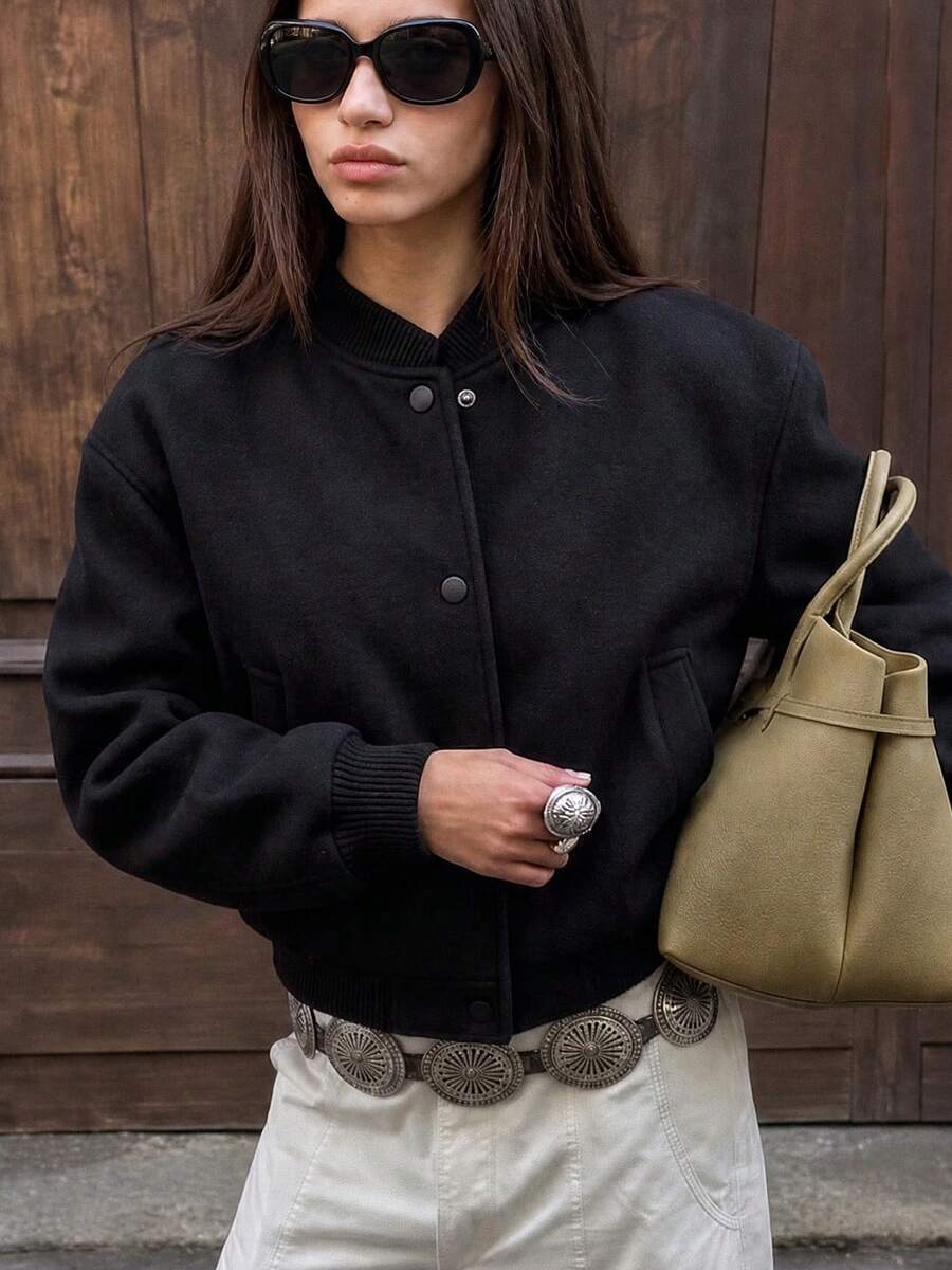 OUTTA BOX Black Tweed Baseball Jacket For Women, Snap Button Pockets, Ribbed Trim, Autumn Outfit, Casual Wear - Black - View 1