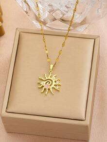 1pc Gold-Plated Hollow Sun Pendant Necklace, Inlaid With Pink Star-Shaped Crystal Pearl And Rhinestones, Bohemian Style Fashion Jewelry, Suitable As A Gift For Girls' Daily Wear - Gold - View 3