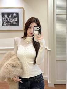 Autumn/Winter New Korean Style High Neck Knitted Sweater Hollow Out Top Base Layer Innerwear Outerwear Cable Knit - White - View 6