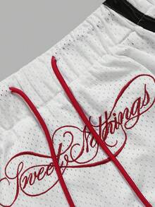Men's Mesh Drawstring Knee-Length Shorts, Italic Letter Embroidery Side Stripe Zipper Pocket Casual Bottoms - Multicolor - View 5