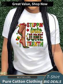 Women's Casual "Stepin' Into Juneteenth" Patterned T-Shirt - Short-Sleeved, Round Neck, White With Colorful Lettering And Boot Design, Machine Washabl - 白色 - 查看 1