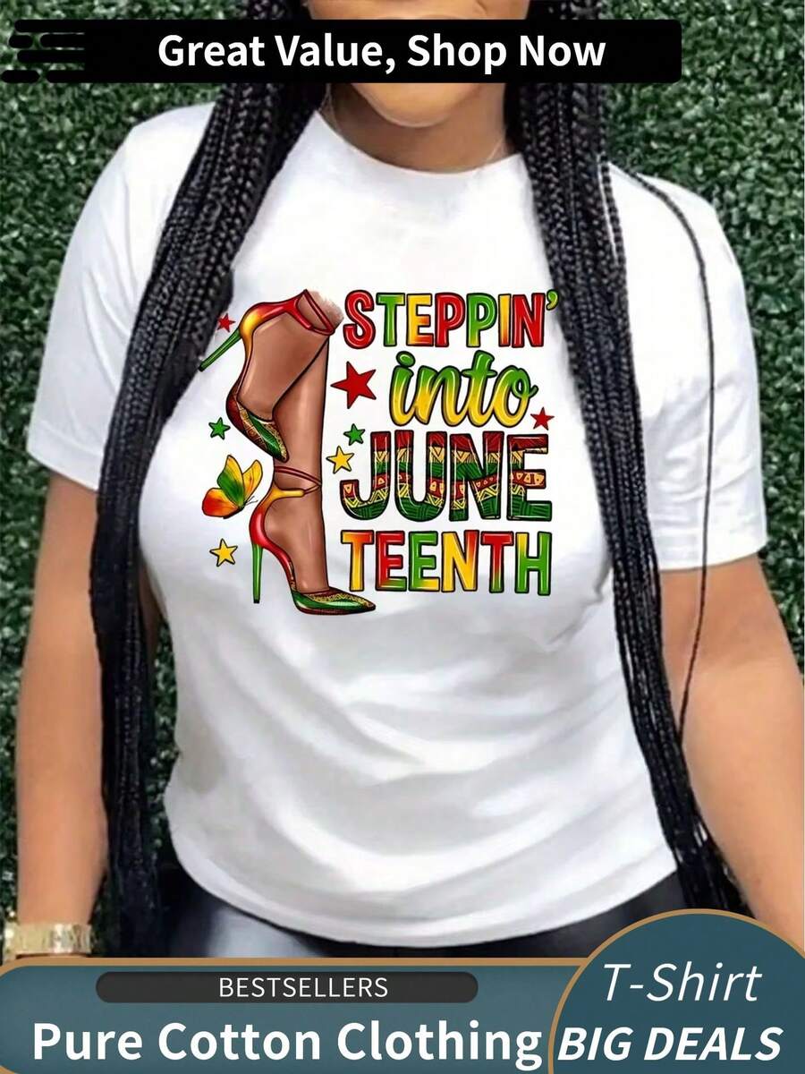 Women's Casual "Stepin' Into Juneteenth" Patterned T-Shirt - Short-Sleeved, Round Neck, White With Colorful Lettering And Boot Design, Machine Washabl - 白色 - 查看 1