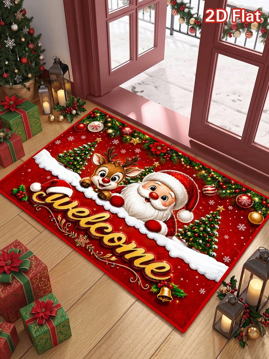 1 pieza Felpudo rojo navideño con Papá Noel, renos, árbol de Navidad y texto de bienvenida, felpudo de entrada de terciopelo cristalino navideño, alfombra de Feliz Navidad, felpudo de bienvenida, alfombra decorativa lavable, Feliz Navidad, decoración navideña, decoración de Navidad, decoración de fiesta de vacaciones, decoración de baby shower, decoración de habitación infantil, decoración del hogar interior y exterior de invierno, decoración de baño, cocina y sala de estar