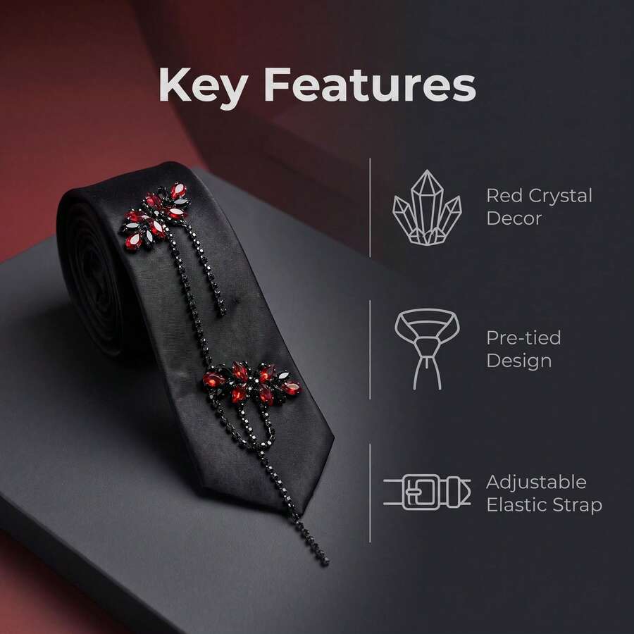 1pc Dark Gothic Style Black & Red Crystal Rhinestone Chain With Satin Decor Tie, Buckle Adjustable, Suitable For Halloween Party, Cosplay Outfit, Photo Shoot - Black - View 1