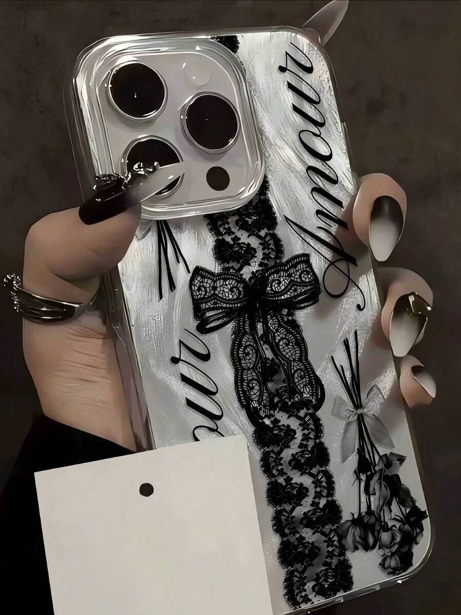 1pc Shockproof Lace Element Fashion Korean Lace Flower Slogan Pattern Aesthetic Feather Laser Waterproof Anti-Fingerprint Anti-Scratch Transparent IMD Soft Glossy Smooth Phone Case Compatible With Phone 16 ProMax/16/16 Pro/16 Plus/15/15/15 ProMax/15 Pro/11/12/13/14 ProMax/11 ProMax/12 Pro/12 ProMax/13 ProMax/14 Pro/14 ProMax/14 Pro/13 ProMax/14/14 ProMax Fashion Creative Spring Gift Birthday Party Mom - Silver - View 1