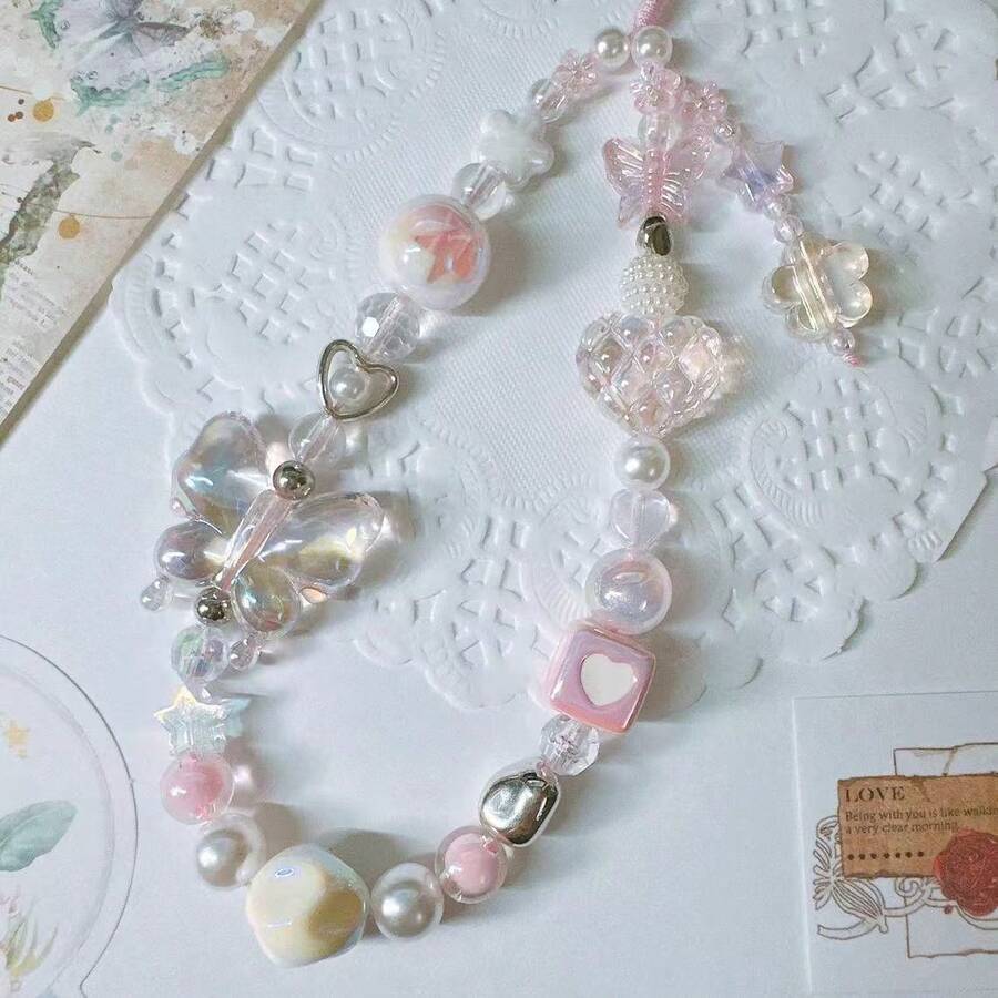 1pc Iridescent Butterfly Beaded Phone Charm, Detachable Transparent Pastel Star & Heart Phone Lanyard, Cute Y2K Phone Case Strap, Bag & Camera Hanging Accessory For Women And Girls