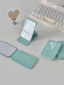 Mini Blue-Green Letter Foldable Portable Makeup Mirror, Printed With Artistic Heart White Initial, Name Initial, With Stand Makeup Mirror, Travel Mirror, Beauty Product, Desktop Makeup Mirror, Rectangular Desktop Compact Makeup Mirror, Foldable Small Minimalist Makeup Mirror, Student Dorm Back To School Mirror, Back To School Gift, Travel Portable Makeup Mirror, Suitable For Women's Gift - Back To School Season, Best Gift For Teachers - Multicolor - View 4