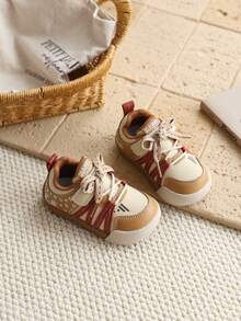 Pair Toddler Color Contrast Webbing PU Hook And Loop Toe Protection Flat Retro Sneakers For Daily Outdoor Wear - Khaki - View 6