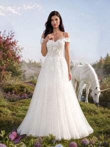 Elasola HEARBOBO Women's Applique Mesh Patchwork Elegant Cinched Waist Spaghetti Strap Wedding Dress Fall - White - View 8