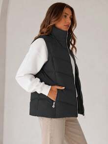 Women's Down Vest, Insulated Vest, Fitted, Zippered, Pockets. - Black - View 2