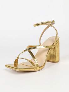 Women's Gold Square Toe Open Toe Chunky Heel High Heels, Versatile Comfortable Elegant Minimalist Daily Commute Shoes, Height-Enhancing Leg-Lengthening - Gold - View 2